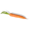 Eine einzelne frische orange Karotte mit grünen Blättern, dazu FRoSTA Tiefkühlprodukte, vor schwarzem Hintergrund.