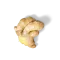 Ein ganzes Stück frische Ingwerwurzel mit hellbrauner Schale, eine Schnittseite mit gelbem Innenleben, neben FRoSTA Tiefkühlprodukten, auf schwarzem Hintergrund.