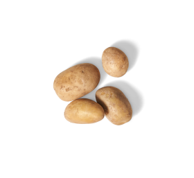 Vier braune Kartoffeln mit glatter Schale stehen dicht an dicht mit FRoSTA Tiefkühlprodukten auf schlichtem schwarzen Untergrund.