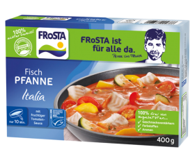 FRoSTA Fisch Pfanne Italia: 400g Tiefkühlprodukt mit Fisch, Zucchini & Tomate in Sauce – natürliche Zutaten, ohne Zusätze.