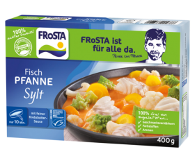 Eine Schachtel FRoSTA Fisch Pfanne Sylt Tiefkühlprodukt zeigt gekochten Fisch mit Gemüse: natürliche Zutaten, schnelle Zubereitung – oft auf Produktfriedhöfen.
