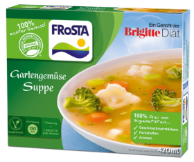 Eine Packung FRoSTA Gartengemüse Suppe: vegetarisch, ohne Zusätze, mit Brokkoli, Karotten & Blumenkohl, jetzt auf dem Produktfriedhof.