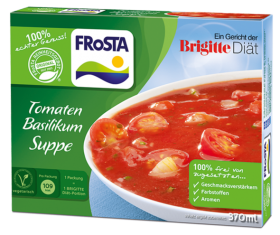 Eine Packung FRoSTA Tomaten Basilikum Suppe – vegetarisch, ohne Zusätze, Brigitte Diät, bekannt vom Produktfriedhof.