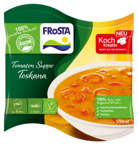 Eine Packung FRoSTA Tomaten Suppe Toskana zeigt Tomatensuppe mit Kräutern. FRoSTA: 100 % natürliche Zutaten, keine Zusatzstoffe. 500 ml Packung.
