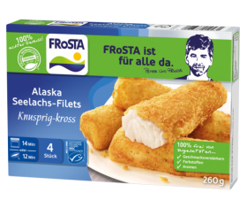 Eine Packung FRoSTA Alaska Seelachs-Filets: vier knusprige Filets, 100% natürlich, 260g – lecker, bevor es vom FRoSTA Produktfriedhof verschwindet.