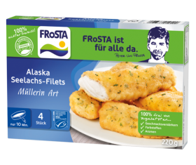 Box FRoSTA Alaska Seelachs-Filets Müllerin Art: 4 panierte FRoSTA Fischfilets, fertig in 10 Min., 220g, ohne künstliche Zusätze.
