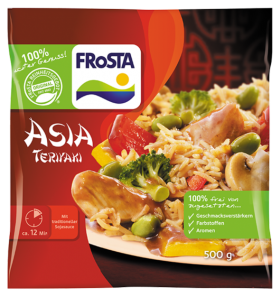 Ein farbenfrohes FRoSTA Asia Teriyaki Tiefkühlgericht zeigt Reis mit Gemüse und Hähnchen, 100% natürlich, 500g, rot-grünes Design.