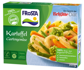 Eine Schachtel FRoSTA Kartoffel Gartengemüse zeigt gemischtes Gemüse, grüne Akzente, vegetarisch, ohne Zusätze, Diätlabel, 350g.