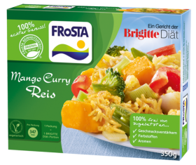 Eine Packung FRoSTA Mango Curry Reis zeigt Reis mit Gemüse, ist vegetarisch, ohne Zusatzstoffe und wiegt 350g.