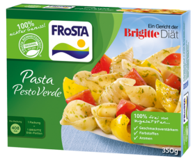 Eine grüne FRoSTA Pasta Pesto Verde Tiefkühlprodukt-Box mit Nudeln, Paprika und 350g. Ohne Geschmacksverstärker, Farbstoffe, Aromen.
