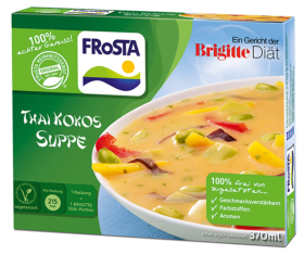 Eine bunte FRoSTA Thai Kokos Suppe Packung: vegetarische Kokossuppe, frei von Zusatzstoffen, Brigitte Diät geeignet – ein Favorit vor dem Produktfriedhof.