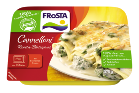 Eine Packung FRoSTA Cannelloni Ricotta-Blattspinat: gebackene, mit Spinat und Ricotta gefüllte FRoSTA-Pasta – ohne künstliche Zusätze.