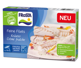 FRoSTA Feine Filets Kräuter Crème fraîche: Fischfilets in cremiger Kräutersoße mit Gemüse, „NEU“, „100% echt“, 320g. Tiefkühlprodukt von FRoSTA.