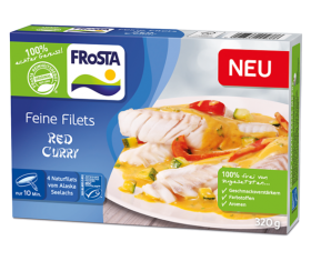 Eine Schachtel FRoSTA Feine Filets Red Curry mit Weißfisch in gelber Currysauce, natürlichen Zutaten & schneller Zubereitung – jetzt auf dem Produktfriedhof.