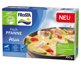 Eine Dose FRoSTA Fisch Pfanne Asia: Fisch, Gemüse, gelbe Currysauce. NEU, natürliche Inhaltsstoffe. Garzeit angezeigt. 450g Tiefkühlprodukt.