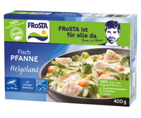 Eine Packung FRoSTA Fisch Pfanne Helgoland mit Fisch-Gemüse-Pfanne, grün für natürliche Zutaten, 10 Min. Kochzeit, 400 g, selten erhältlich.