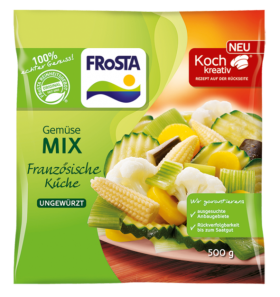 Ein 500g Beutel FRoSTA Gemüse Mix (französische Art) mit Babymais, Blumenkohl, Erbsen und grünen Bohnen – Frische pur auf der grün-gelben Verpackung!.