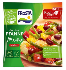 Eine bunte Tüte FRoSTA Gemüse Pfanne Mexiko: gemischtes Gemüse, gewürzt, vegetarisch, ohne Zusätze – Produktfriedhof-Favorit, 480g.