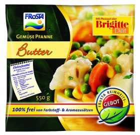 Eine Packung FRoSTA Gemüse Pfannenbutter: gemischtes Gemüse (Blumenkohl, Erbsen, Karotten), 100% frei von Farb- und Aromastoffen. Gewicht: 550 g.