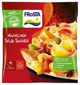 Eine bunte Packung FRoSTA Hähnchen Süß-Sauer: Hähnchen, Gemüse & Ananas. 500g, natürliche Zutaten, ohne Zusatzstoffe. Fertig in 10 Minuten.
