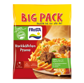 Eine Packung FRoSTA Hackbällchen Pfanne Big Pack zeigt Nudeln mit Hackbällchen und Gemüse. Die rot-gelbe Schachtel könnte auf dem Produktfriedhof landen.