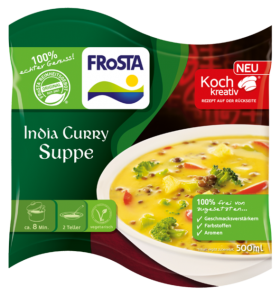 Eine Packung FRoSTA India Curry Suppe (500ml) mit Gemüse, vegetarisch und ohne Zusatzstoffe – perfekt für Fans leckerer FRoSTA-Klassiker.