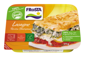 Eine Packung FRoSTA Lasagne mit Ricotta und Spinat. Vegetarisches, zusatzstofffreies, vollwertiges FRoSTA Tiefkühlprodukt mit cremiger Spinatfüllung.