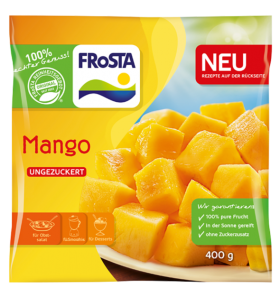 Eine FRoSTA Packung Tiefkühl-Mango-Würfel (ungezuckert, 400g) im gelben Design zeigt Mango-Stücke und informiert auf Deutsch über Produktmerkmale.