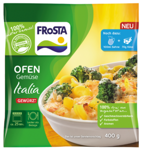 Eine Packung FRoSTA Ofen Gemüse Italia zeigt gebackenes Gemüse mit Käse, Zutatenhinweis und Zubereitung. 400g FRoSTA Tiefkühlprodukt.