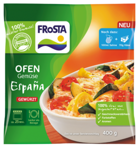 FRoSTA Ofen Gemüse España Tiefkühlmischung mit Zucchini, Tomaten, Käse: gewürzt, ohne Zusätze, 400g, in 25 Min. fertig – praktisch gegen Gemüsereste!.