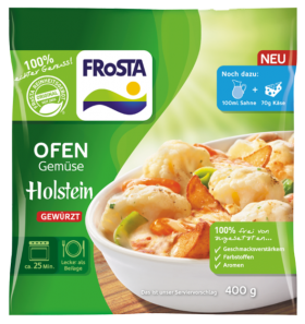 Eine Packung FRoSTA Ofengemüse Holstein, ein tiefgekühltes Gemüse-Ofengericht in der grünen Box. Natürliche Zutaten, keine Zusatzstoffe. Gewicht: 400 g.