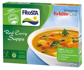 Eine Packung FRoSTA Red Curry Suppe: vegetarisch, ohne Zusätze, 370 ml, Brigitte Diät-Logo – jetzt auf Produktfriedhof gesehen.
