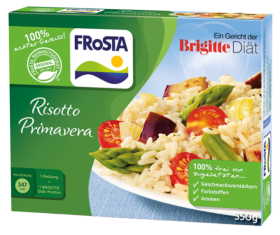 Eine Packung FRoSTA Risotto Primavera mit Spargel, Tomaten und Reis – 100% natürlich, frei von Zusätzen, heute ein bunter Produktfriedhof-Klassiker.