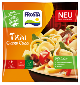 Ein Beutel FRoSTA Thai Green Curry mit Nudeln, Gemüse und Currysauce – vegetarisch und frei von Zusatzstoffen in der bunten FRoSTA Verpackung.