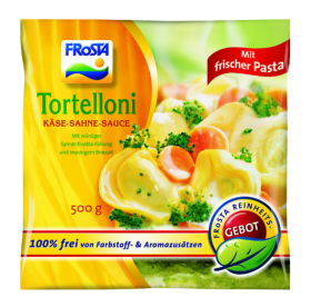 Eine Packung FRoSTA Tortelloni mit Käse-Sahnesauce, Brokkoli, Karotten; ohne künstliche Farb-/Zusatzstoffe; 500g. Gesehen auf Produktfriedhof.