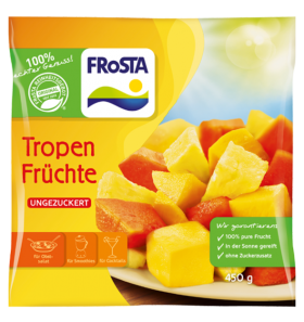 Eine 450g-Packung FRoSTA Tropenfrüchte enthält ungezuckerte Mango, Ananas und Papaya – 100% reines Obst, ohne Zusätze.
