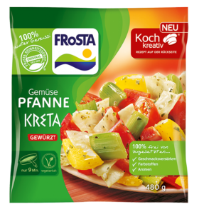 Eine bunte Packung FRoSTA Gemüse Pfanne Kreta mit gewürztem, vegetarischem Mixgemüse. FRoSTA TK-Produkt – schnell zugreifen!.