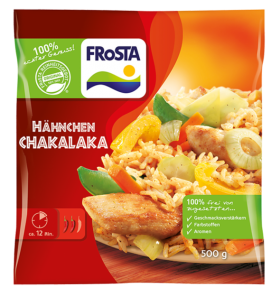 Ein FRoSTA Hähnchen Chakalaka Tiefkühlprodukt mit Reis, Huhn, Zwiebeln, Paprika: 500g, 12 Min. Zubereitung – bunt verpackt.