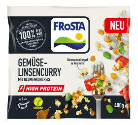 Vorderseite einer FRoSTA Gemüse-Linsencurry-Tiefkühlpackung mit Gemüse, Linsen, Reis. Vegan, High Protein, ohne Zusätze, 400g.