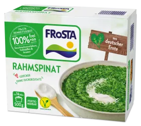 Eine Packung FRoSTA Rahmspinat: vegetarisch, deutsche Ernte, 500g, natürliche Zutaten – in 14 Min. fertig.
