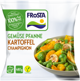Eine Tüte FRoSTA Gemüsepfanne Kartoffel Champignon: Kartoffeln, Rosenkohl, Champignons. Das 480 g schwere FRoSTA-Gericht ist in 9 Minuten fertig.