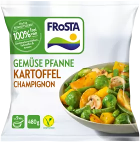 Eine Tüte FRoSTA Gemüsepfanne Kartoffel Champignon: Kartoffeln, Rosenkohl, Champignons. Das 480 g schwere FRoSTA-Gericht ist in 9 Minuten fertig.