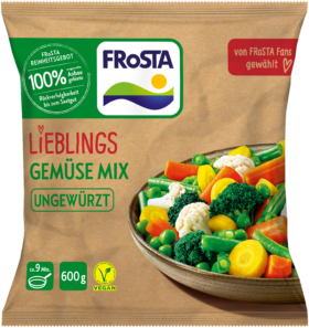 Eine Packung FRoSTA Lieblings Gemüse Mix mit Brokkoli, Karotten, Blumenkohl und Bohnen im veganen 600g FRoSTA-Tiefkühlprodukt.