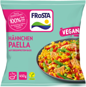 Eine türkisfarbene Packung FRoSTA Paella veganes Hähnchen: bunter Reis, Gemüse und pflanzliches Hähnchen. Vegan, 450 g, fertig in 7 Minuten.