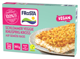 Eine Schachtel FRoSTA Schlemmer Veggie Knusprig Kross, ein veganes Tiefkühlgericht auf Gemüsebasis mit Vegan- und Omega-3-Etiketten in grüner und rosa Verpackung.