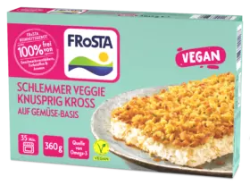 Eine Schachtel FRoSTA Schlemmer Veggie Knusprig Kross, ein veganes Tiefkühlgericht auf Gemüsebasis mit Vegan- und Omega-3-Etiketten in grüner und rosa Verpackung.