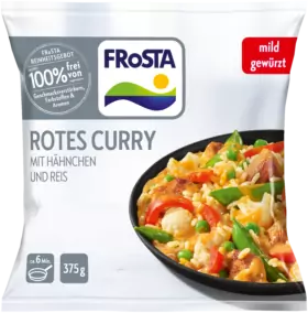 Eine Packung FRoSTA Rotes Curry mit Hähnchen und Reis, abgebildet in einer schwarzen Schale. Frei von Zusatzstoffen. FRoSTA Nettogewicht: 375 g.
