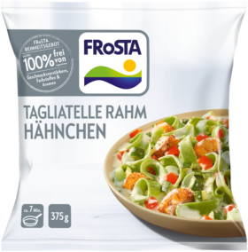 Eine Packung FRoSTA Tagliatelle Rahm Hähnchen: cremige Pasta mit Hähnchen, Kräutern, Gemüse – 375 g, natürliche Zutaten, FRoSTA-Qualität.