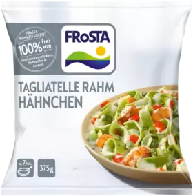 Eine Packung FRoSTA Tagliatelle Rahm Hähnchen: cremige Pasta mit Hähnchen, Kräutern, Gemüse – 375 g, natürliche Zutaten, FRoSTA-Qualität.