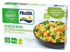 Eine FRoSTA Gemüse Bowl mit Blumenkohlreis, Brokkoli, Edamame & Karotten. Vegan, 480g, verfeinert mit Kokosmilch und Ingwer.